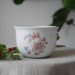 May include: White ceramic planter with a floral pattern in red, blue, and yellow. The planter has a flared rim and a black band at the base. A sprig of red berries and green leaves are in the foreground.