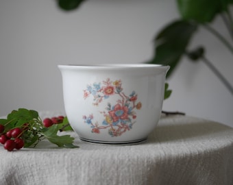 Vintage Porcelain Medium Planter With Drainage Hole, Oriental Floral Design Bonsai Plant Pot, White Ceramic Planter