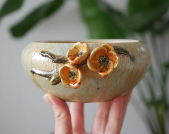 Vintage Decorative Pottery Bowl With Applied Flowers, Blue Ochre Glaze, Rustic Floral Decor, Cottagecore Home, Small Planter (No Drainage)