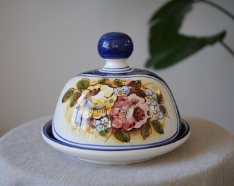 Vintage Hand Painted Floral Butter Dish, Signed Ceramic Cheese Dome, Blue and White Pottery Keeper, Cottagecore Kitchen Decor