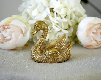 Vintage Solid Brass Swan Figurine, Small Brass Bird Ornament, Decorative Brass Sculpture