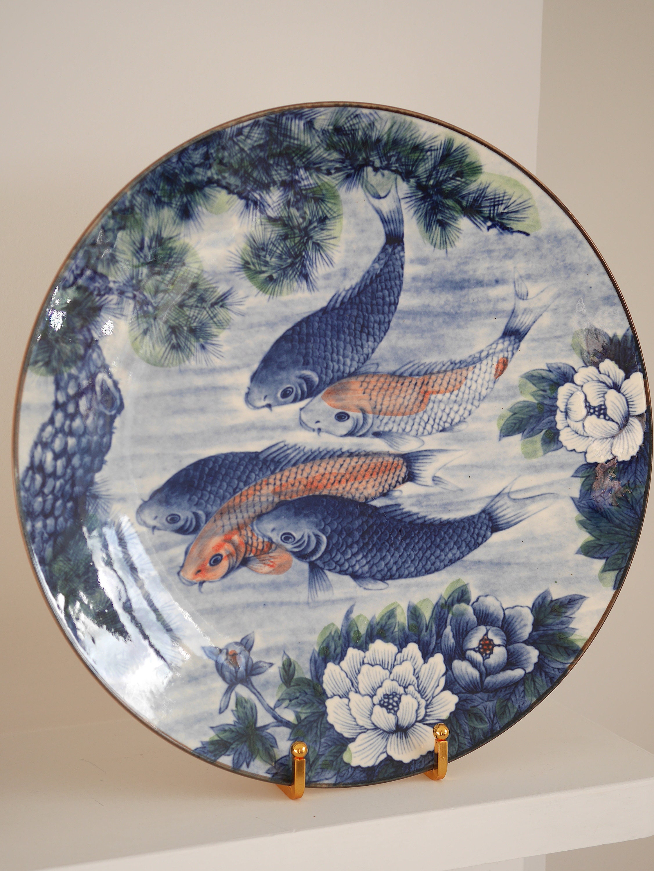 Vintage Japanese Koi Carp Display Plate by Sun Ceramics, Blue and ...