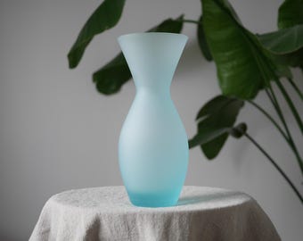 Vintage Frosted Aqua Glass Vase, Sculptural Hourglass Form, Originally Labelled Made in Italy, Minimalist Decorative Glass