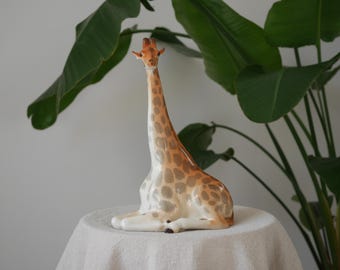 Vintage Lomonosov Sitting Giraffe Figurine, Large Russian Porcelain Giraffe, Hand Painted Animal, Soviet USSR Ornament, LFZ