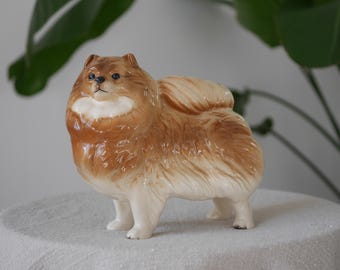Vintage Coopercraft Pomeranian Dog Figurine, Rare 1970s Ceramic German Spitz Ornament, Brown Tan Pottery Collectable