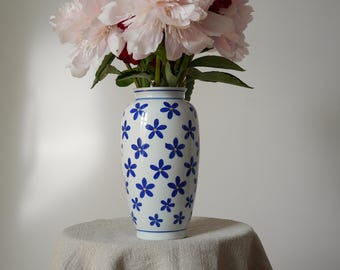 Vintage Blue And White Porcelain Floral Vase, Hand Painted Oriental Style Flower Vase, Cottagecore Decorative Home Decor