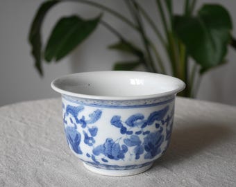 Blue And White Porcelain Planter, Chinese Style Floral Plant Pot, Vintage Chinoiserie Bowl, Porcelain Pot With Drainage Hole
