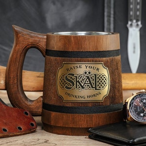 Raise your horns Viking beer mug, Skal tankard, Husband wooden gift, Fathers day stein