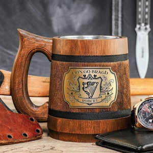 Erin go Bragh Personalized Irish wooden mug, Ireland Forever, Irish beer gifts, Gift for him, Birthday tankard, St Patrick&#39;s day gift