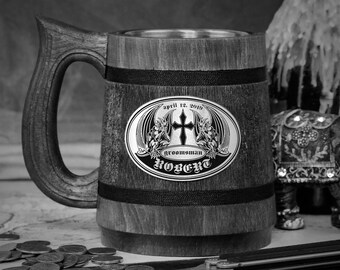Gothic Personalized Wedding Gifts, Groomsmen Gift Stein, Cross Angel Custom Mug, Goth Wooden Beer Tankard, Engraved Boyfriend Anniversary