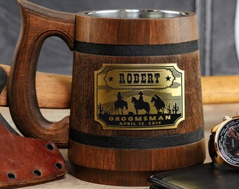 Western Wedding Personalized Groomsmen Gift Engraved Wooden Beer Stein Country Wedding Tankard Bachelor Party wedding favors