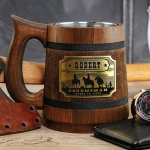 Western Wedding Personalized Groomsmen Gift Engraved Wooden Beer Stein Country Wedding Tankard Bachelor Party wedding favors