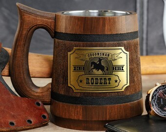 Personalized Wooden Beer Mug, Cowboy Groomsmen Gift