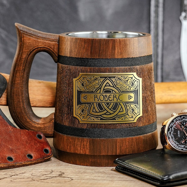 Personalized Irish Wooden Mug, Celtic Knot Beer Tankard, Snaidhm Cheilteach Stein, Irish Xmas Gifts for Him