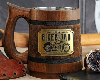 Biker DAD Wooden Mug, Custom Bikers Beer Stein, Gift for Father, Father's Day Gift from Son