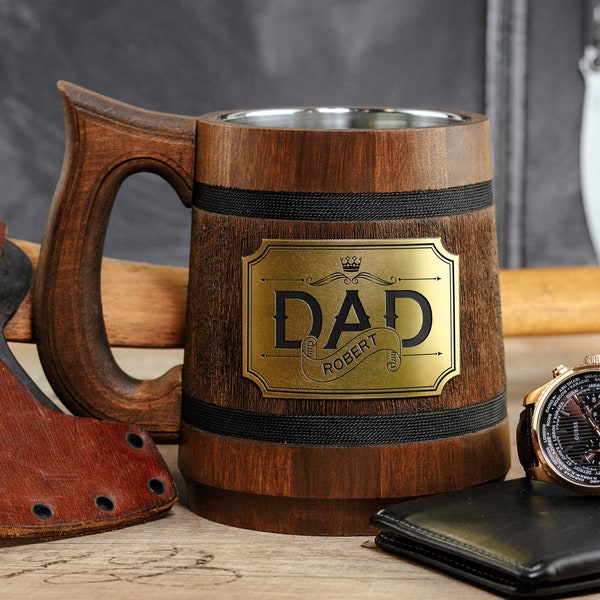 Personalized Dad Beer Stein, Father's Wooden Mug, Stepdad Custom Wooden Tankard, Secret Santa gift for Dad