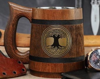 Vikings Yggdrasil Symbol Mug, Tree of Life Wooden Tankard, Nordic Ornaments, Norse Mythology Gifts, Xmas Gift Ideas, Handmade Beer Stein