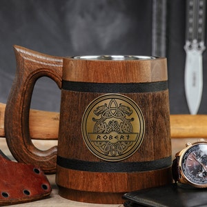 Viking Personalized Mug, Beer gift for Husband, Nordic Ornaments Custom Wooden Stein, Fathers day gift