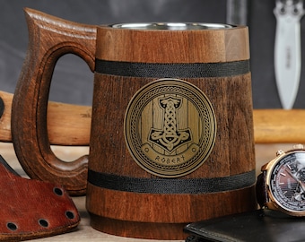 Thor Hammer Personalized Mug, Mjolnir Viking Gift, Wooden Beer Tankard, Viking gifts, Custom Viking Axe Stein, Husband Xmas gift
