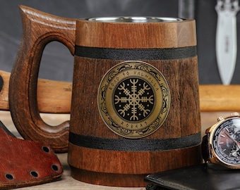 Viking Runes Compass Wood Beer Mug, Road to Valhalla Warrior Tankard
