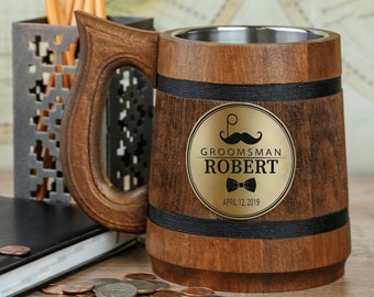 Personalized Wooden Groomsmen Mug, Engraved Beer Stein, Wedding Gift