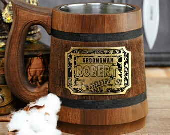 Engraved Wooden Groomsmen Beer Mug - Personalized Wedding Gift