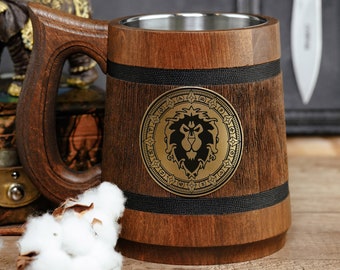 World of Warcraft Gamer Mug, Alliance Wooden gift, For the Alliance, Birthday Warcraft Stein, Gamer gifts for Geeks, RPG