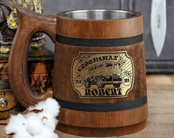 Personalized Groomsmen Gift, Wooden Groomsman Mug, Hippie Boho Wedding, Custom Man Tankard, Hippie Van Beer Stein, Anniversary Gifts Ideas