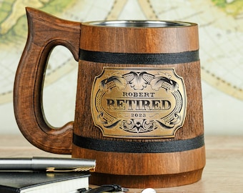 Personalized Wooden Beer Mug, Engraved Brass Plaque, Retirement Gift