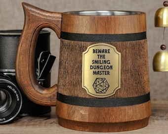 Beware the Smiling Dungeon Master Mug, Dungeons and Dragons, D&D Engraved Stein, Dice 20, Gamer gifts