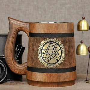 Cthulhu magic circle wooden mug, Witchcraft alchemical symbol Sigil magic beer stein, Personalized Xmas gift for him, Secret Santa for gamer