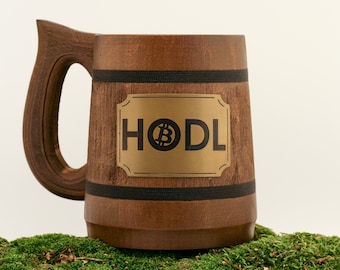 Hodl Mug, Bitcoin Art, Cryptocurrency Miner, Wood Stein Mug, BTC, Secret Santa gift