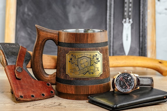 For luck Irish gifts, Personalized Shamrock wooden mug, Ireland birthday gift stein, Saint Patrick's Day beer gift