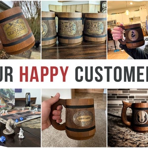 May include: A collection of wooden mugs with various designs. The mugs feature a brown wood finish with a black band around the top. The designs include a Dungeons and Dragons logo, a Star Wars logo, and a personalized name. The mugs are shown being held by people and on a table.