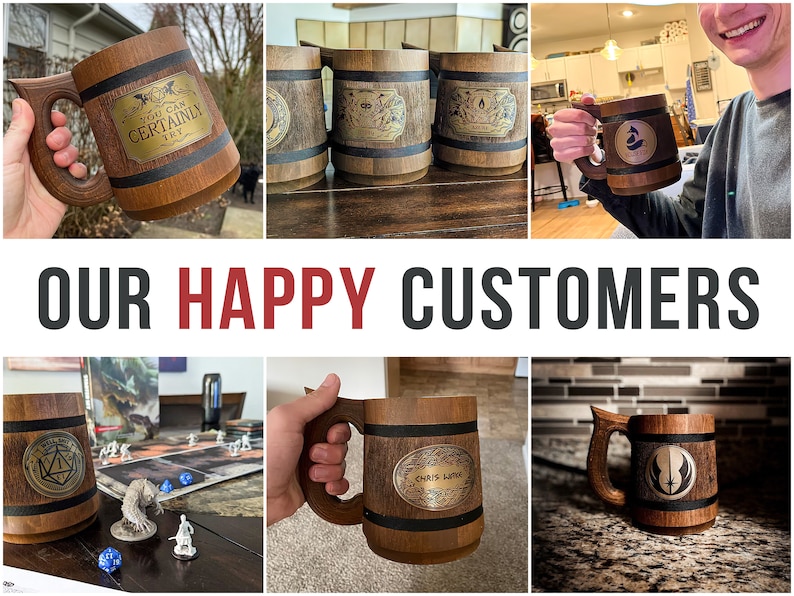 May include: A collection of wooden mugs with various designs. The mugs feature a brown wood finish with a black band around the top. The designs include a Dungeons and Dragons logo, a Star Wars logo, and a personalized name. The mugs are shown being held by people and on a table.