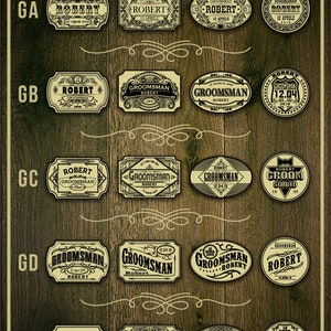 May include: A chart with five rows labeled GA, GB, GC, GD, and GE. Each row has four different designs for a groomsman's gift. The designs feature a variety of fonts, borders, and embellishments. The text on the designs includes the word "Groomsman" and the name "Robert".