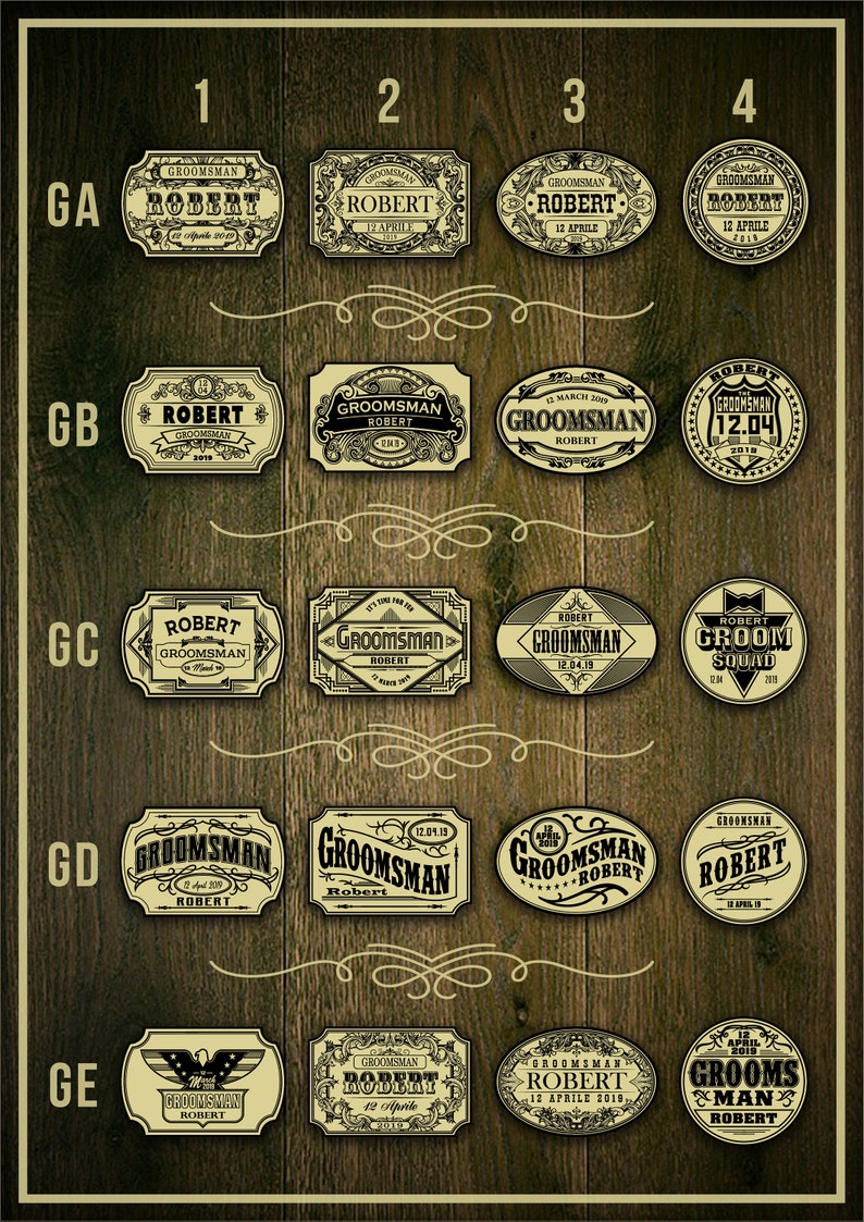 May include: A chart with five rows labeled GA, GB, GC, GD, and GE. Each row has four different designs for a groomsman's gift. The designs feature a variety of fonts, borders, and embellishments. The text on the designs includes the word "Groomsman" and the name "Robert".