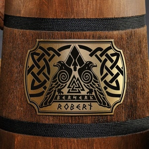 Odin's Raven Wooden Tankard, Vikings Norse Mug, Engraved Stein With engraved plaque
