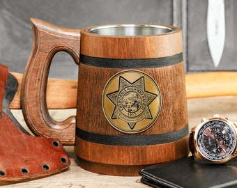 California Highway Patrol Badge Beer Mug, Engraved Wooden Stein