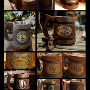 May include: A collection of personalized wooden mugs with various designs and engravings. The mugs feature a dark brown wood finish with a metal band around the top. Some mugs have a metal insert for holding beverages. The engravings include names, dates, and decorative designs.