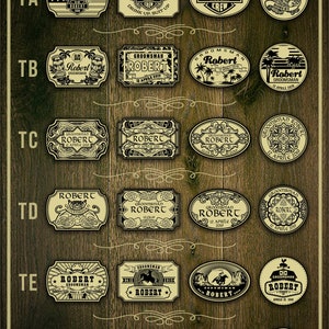 May include: A set of 24 personalized bottle opener favors with various designs. The bottle openers are made of metal and have a rustic look. Each bottle opener has a different design, including a cowboy, a skull, and a motorcycle. The bottle openers are all engraved with the name "Robert" and the date "April 12, 2019".