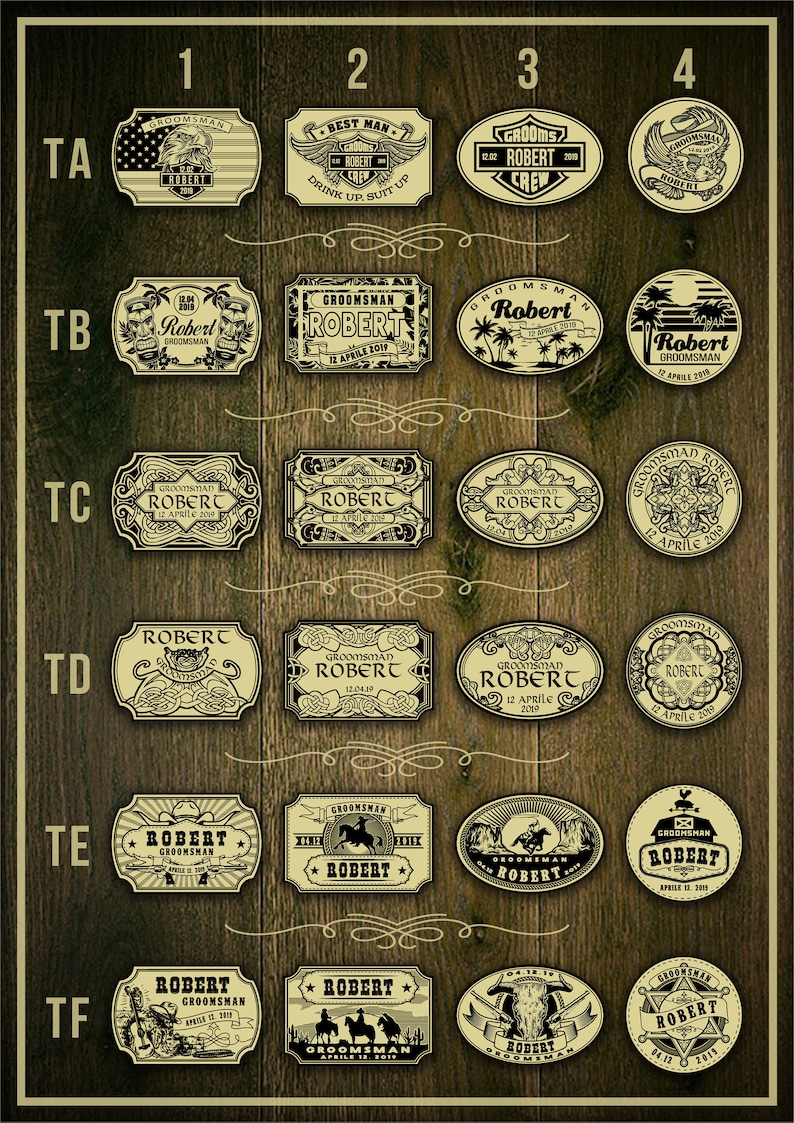 May include: A set of 24 personalized bottle opener favors with various designs. The bottle openers are made of metal and have a rustic look. Each bottle opener has a different design, including a cowboy, a skull, and a motorcycle. The bottle openers are all engraved with the name "Robert" and the date "April 12, 2019".