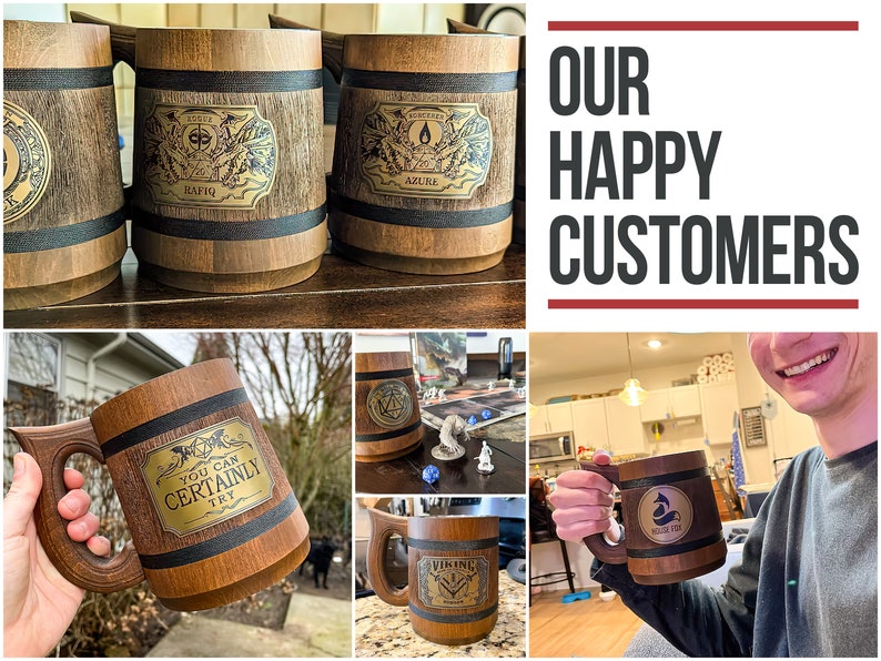 May include: A collage of images featuring wooden mugs with various designs. The mugs feature different designs, including a dragon, a wizard, and a viking. The mugs are all made of wood and have a rustic look. The text "OUR HAPPY CUSTOMERS" is displayed in a red box at the top of the image.