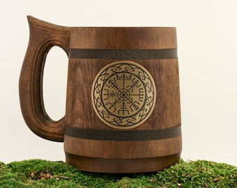 Viking Runes Runic Compass Mug, Wooden Beer Mug, Viking Gift For Him, Xmas gift