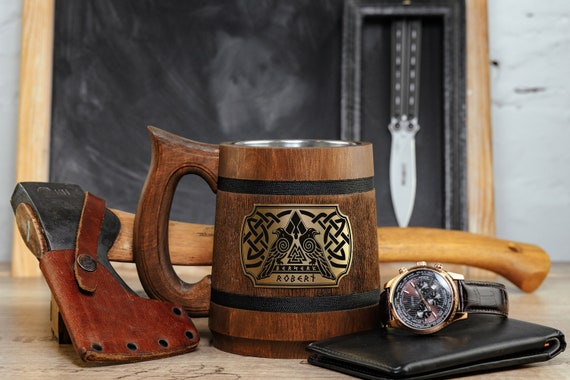 Odin's Raven Wooden Tankard, Vikings Norse Mug, Engraved Stein