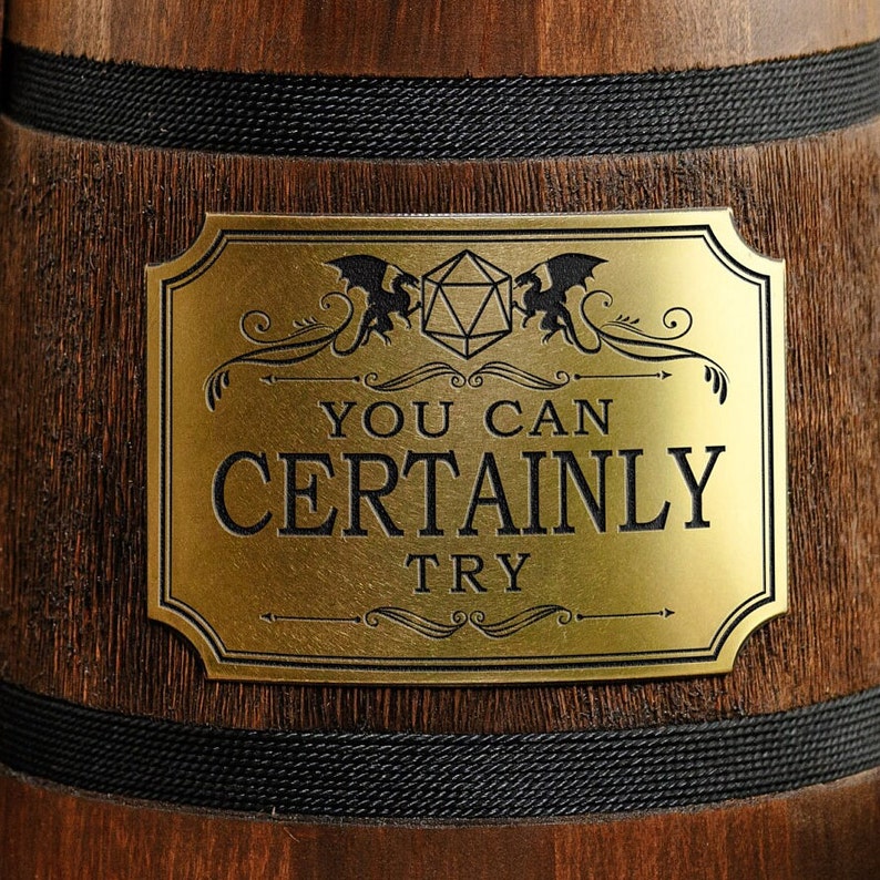 May include: A gold-colored metal sign with a black background and a black and white illustration of two dragons flanking a 20-sided die. The sign reads "You Can Certainly Try".