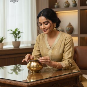 Puede incluir: Una mujer con un atuendo dorado con ribetes dorados, sentada en una mesa de madera. Sostiene una pequeña olla de latón martillado con tapa. El texto "ZAIN R CREATION" es visible.