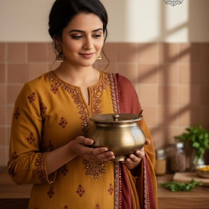 May include: A woman wearing a mustard yellow embroidered tunic and a maroon scarf holds a bronze-colored pot with a lid. The pot has a spoon resting inside. The image includes the text "ZAIN R CREATION".