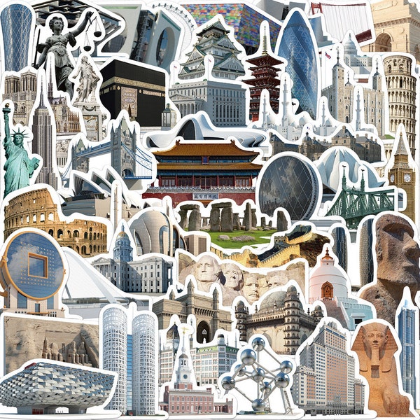 65 Pcs World Famous Buildings Stickers Aesthetic City Landmark Decals Decoration on Phone Suitcase Laptop Luggage Kid Toy