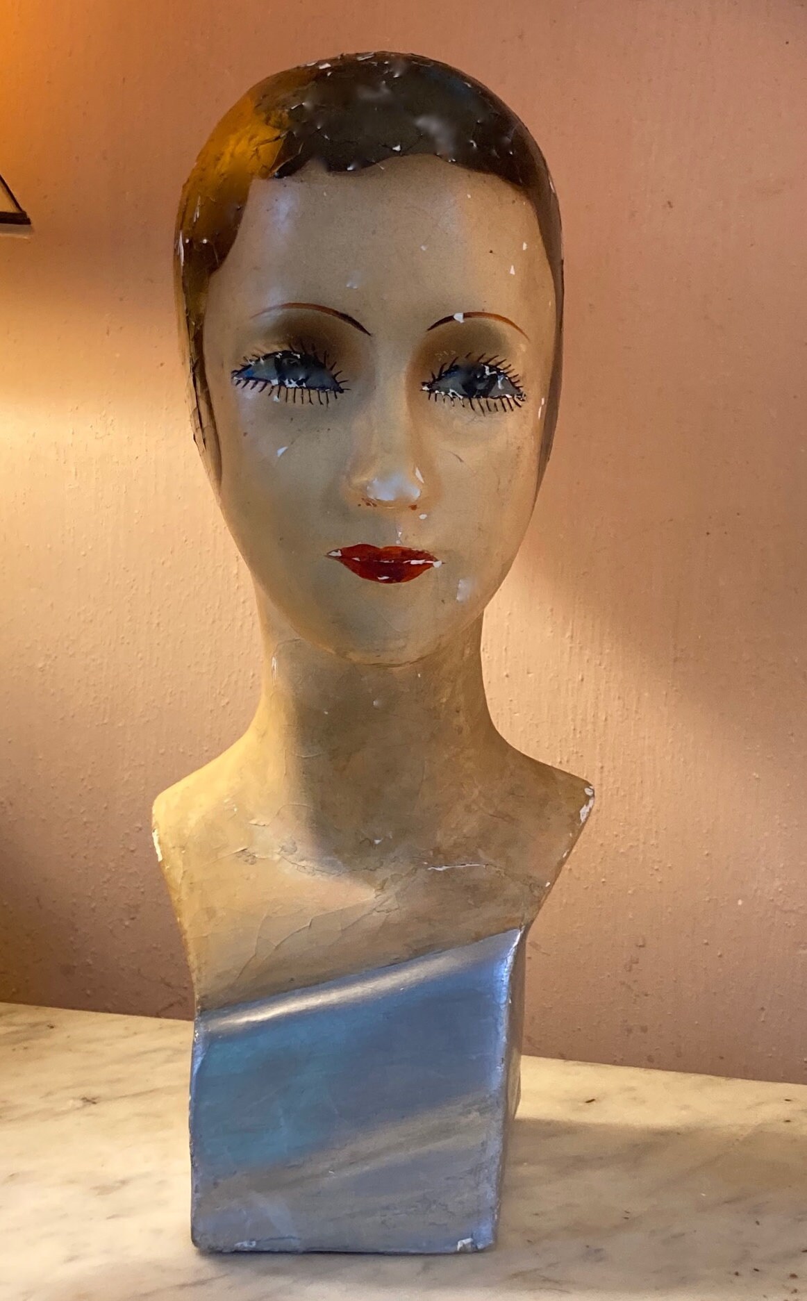 1920's Milliner's 'marotte' French Mannequin Bust Made of Papiermaché